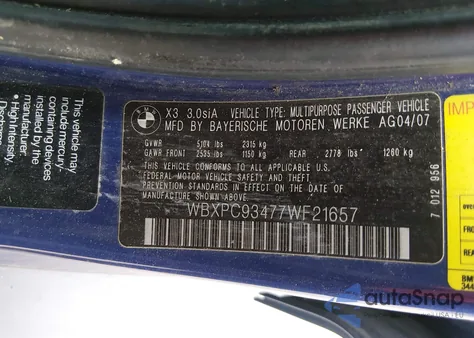 2007 BMW X3 3.0Si из США, поврежденный, VIN WBXPC93477WF21657